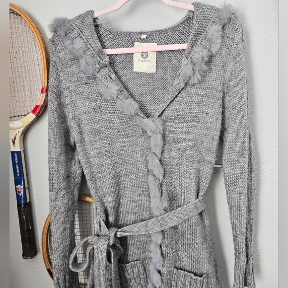 Lapis button down grey sweater size large wool tie waist penny lane Duster lapis - Picture 3 of 12